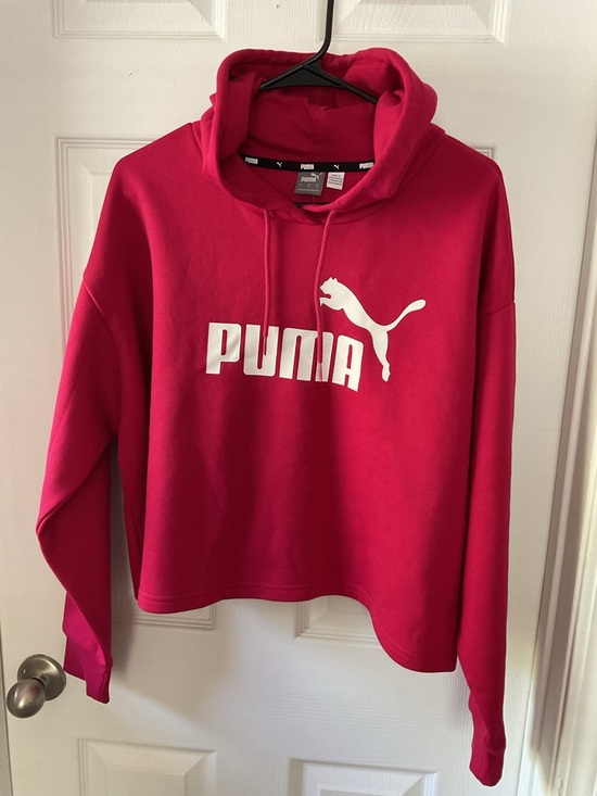 Puma Tops - Puma Cropped Hoodie Red Pink Logo Pullover Sweatshirt Women’s L NWT